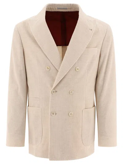 Brunello Cucinelli Corduroy Double-breasted Deconstructed Blazer Jackets Beige