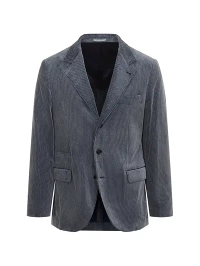 Brunello Cucinelli Corduroy Tailored Suit Jacket Chest Pocket In Blue