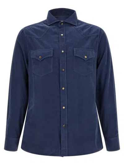 Brunello Cucinelli Corduroy Shirt Western Yoke French Collar In Blue