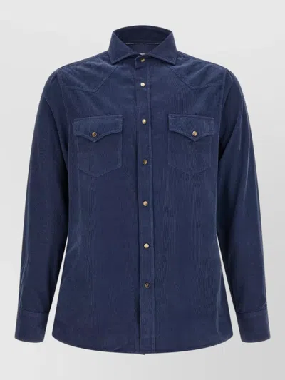 Brunello Cucinelli Corduroy Shirt Western Yoke French Collar In Blue