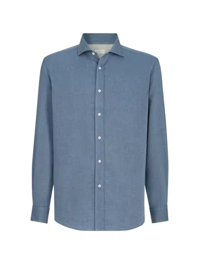 Brunello Cucinelli Cotton And Cashmere Denim-effect Diagonal Shirt With Spread Collar In Blue
