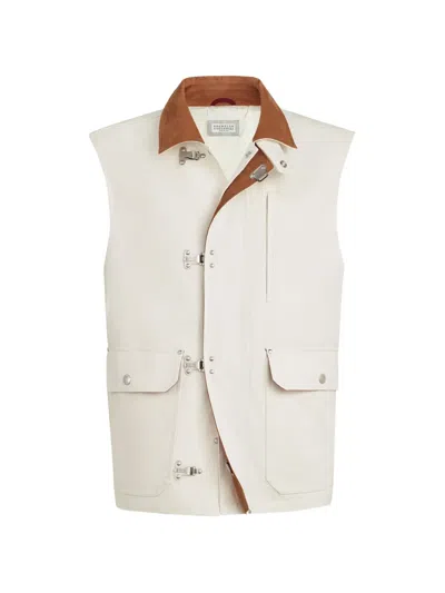 Brunello Cucinelli Cotton And Linen Canvas Vest With Suede Inserts And Hook Fastening In Metallic