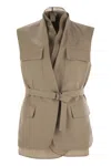 Brunello Cucinelli Cotton And Linen Cover Gilet With Detachable Organza Insert And Necklace In Brown