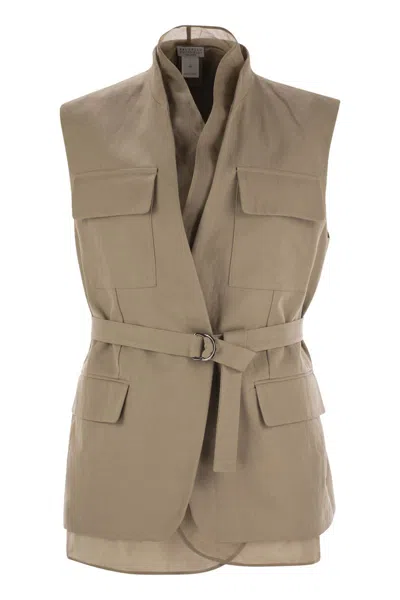 BRUNELLO CUCINELLI BRUNELLO CUCINELLI COTTON AND LINEN COVER GILET WITH DETACHABLE ORGANZA INSERT AND NECKLACE