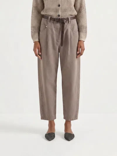 Brunello Cucinelli Cotton And Linen Cropped Trousers In Brown