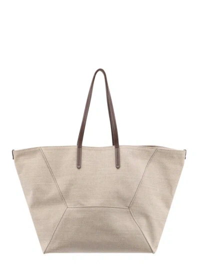 BRUNELLO CUCINELLI COTTON AND LINEN SHOULDER BAG WITH ICONIC JEWEL DETAILS