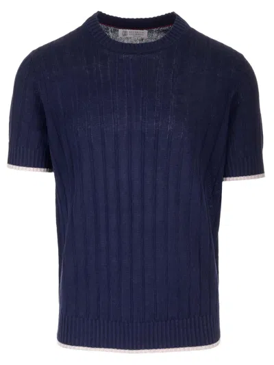 Brunello Cucinelli Cotton And Linen Sweater In Blue
