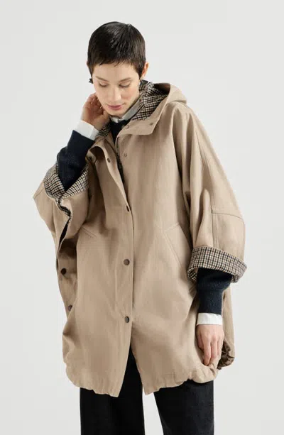 Brunello Cucinelli Cotton And Linen Twill Hooded Outerwear Jacket With Monili In Neutral