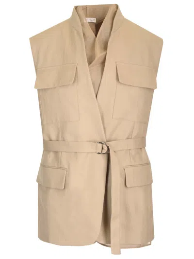 Brunello Cucinelli Cotton And Linen Waistcoat Jackets Beige