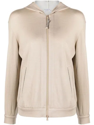 Brunello Cucinelli Cotton And Silk Blend Hoodie In Sand