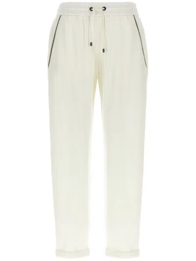 Brunello Cucinelli Track Trousers In Lightweight Stretch Cotton Fleece With Moniline In White