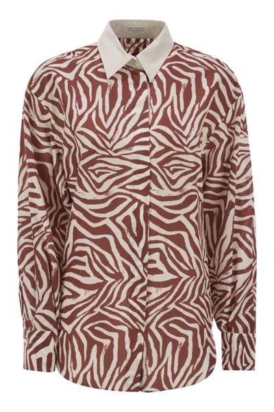 Brunello Cucinelli Cotton And Silk Ethnic Print Poplin Shirt In Red