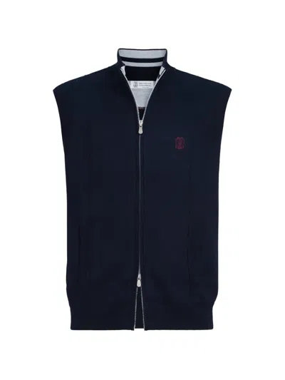 Brunello Cucinelli Cotton And Silk French-terry Double-knit Vest With Logo In Blue