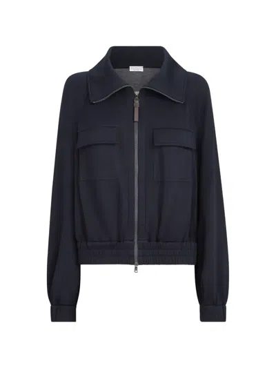 Brunello Cucinelli Cotton And Silk Interlock Cardigan With Shiny Zipper Pull In Blue