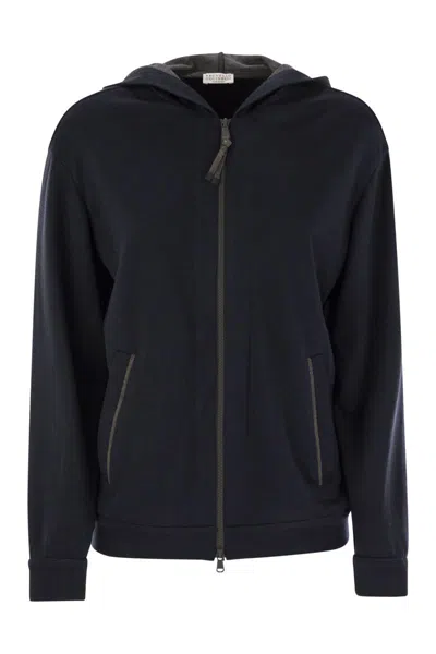 BRUNELLO CUCINELLI BRUNELLO CUCINELLI COTTON AND SILK INTERLOCK HOODED TOPWEAR WITH PRECIOUS STRIPE