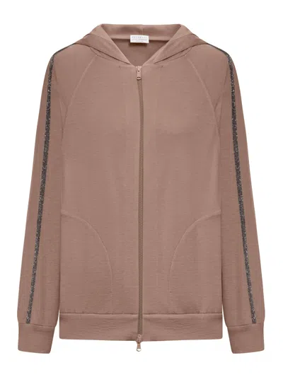 Brunello Cucinelli Women Cotton And Silk Interlock Topwear With Hood And Precious Stripe In Multi