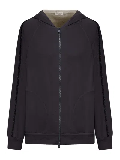 Brunello Cucinelli Cotton And Silk Interlock Topwear With Hood And Precious Stripe In Gray