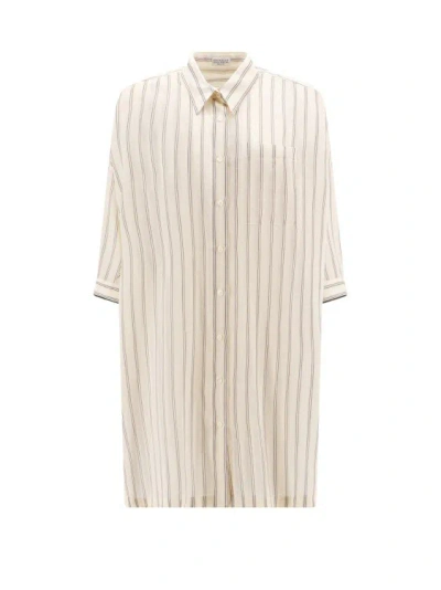 Brunello Cucinelli Cotton And Silk Long Shirt With Striped Motif In Neutrals