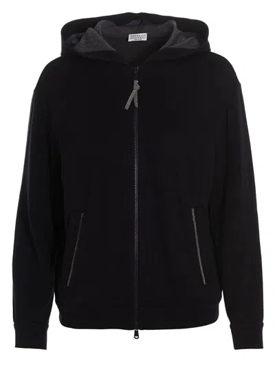 Brunello Cucinelli Cotton And Silk Sweatshirt With Hood In Blu