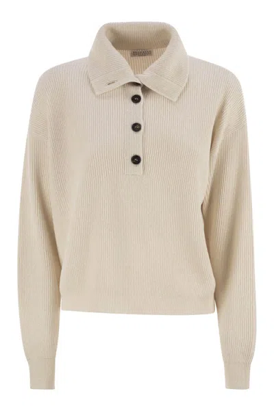 BRUNELLO CUCINELLI BRUNELLO CUCINELLI COTTON AND VISCOSE RIB KNIT HIGH COLLAR
