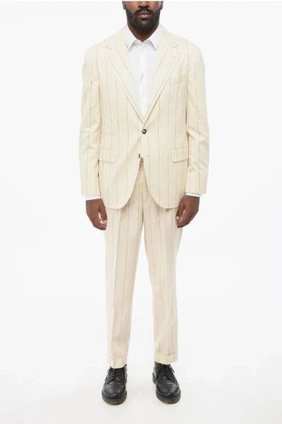 Brunello Cucinelli Cotton And Wool Pinstriped Suit With Notch Lapel In Neutral