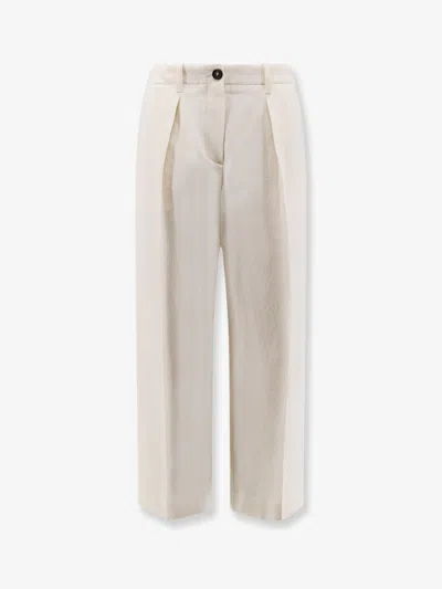 Brunello Cucinelli Women Cotton And Wool Trousers With Adjustable Drawstring In White