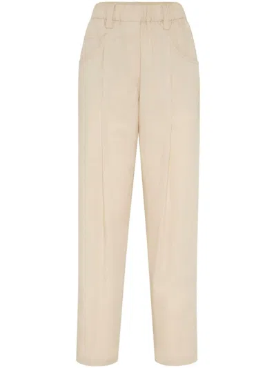 Brunello Cucinelli Women's Lightweight Cotton Poplin Baggy Track Trousers With Shiny Tab In Sand