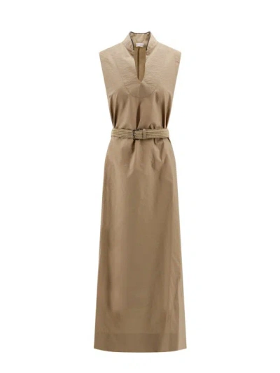 Brunello Cucinelli Cotton Blend Dress With Belt In Brown