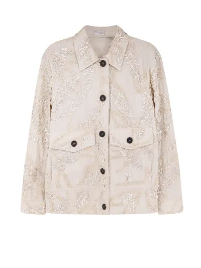 Brunello Cucinelli Cotton Blend Jacket With Embroidery In Neutral