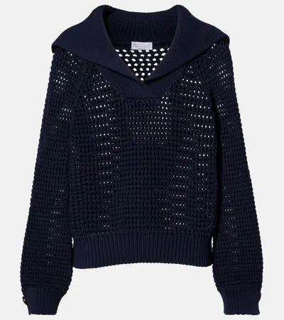 Brunello Cucinelli Cotton-blend Polo Sweater In Blue