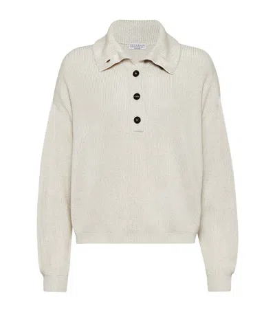 Brunello Cucinelli Cotton-blend Rib-knit Polo Sweater In White