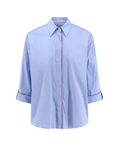 Brunello Cucinelli Cotton Blend Shirt With Monili Profile In Blue