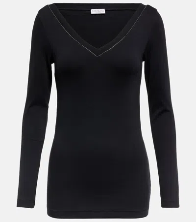 Brunello Cucinelli V-neck Ribbed Knitwear Contrast Stitching In Brown