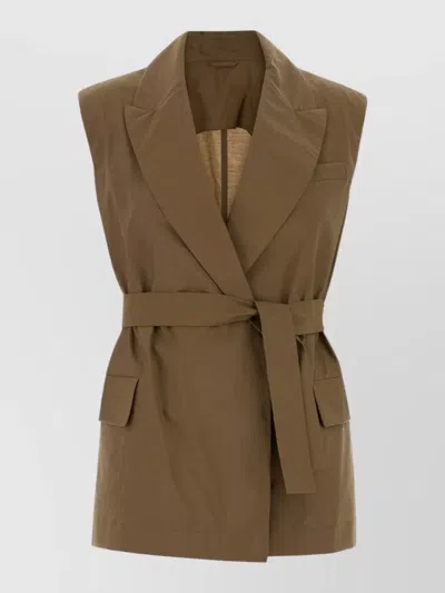 Brunello Cucinelli Cotton Blend Vest Belted Waist Lapels In Brown