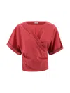 Brunello Cucinelli Red Shirt With V-neck And Monili Detail In Cotton Woman In Red