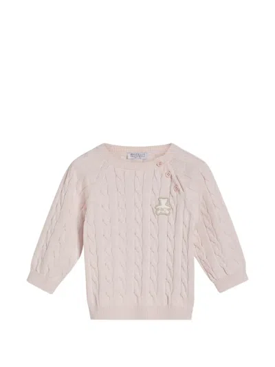 Brunello Cucinelli Cotton Cable Knit Baby Bernie Sweater In Pink