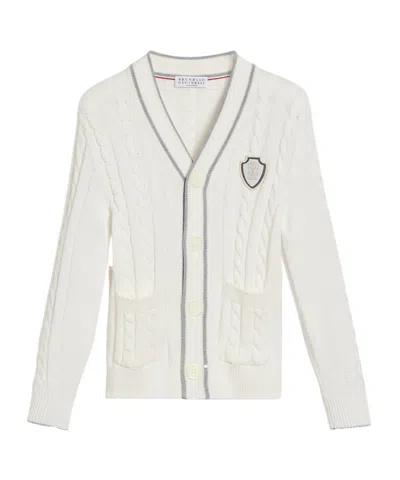 Brunello Cucinelli Cotton Cable Knit Cardigan With Logo In White