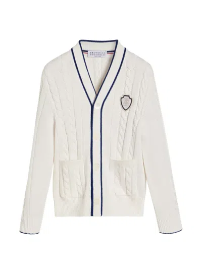 Brunello Cucinelli Kids' Cotton Cable Knit Cardigan With Logo In Neutral