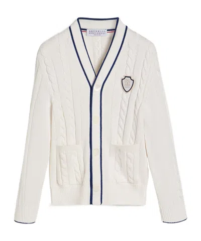 Brunello Cucinelli Cotton Cable Knit Cardigan With Logo In White