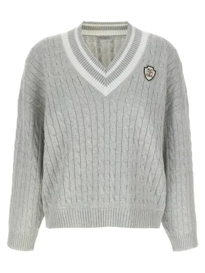 BRUNELLO CUCINELLI COTTON CABLE KNIT SWEATER SWEATERS AND CARDIGANS GRAY