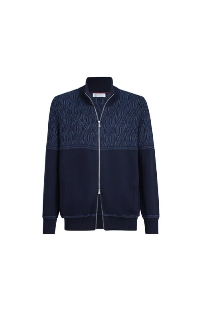 Brunello Cucinelli Jacquard Cable Cotton Cardigan In Blue