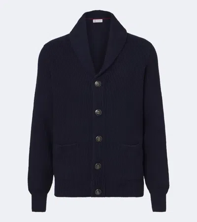 Brunello Cucinelli Ribbed Cotton Shawl-neck Cardigan In Blue