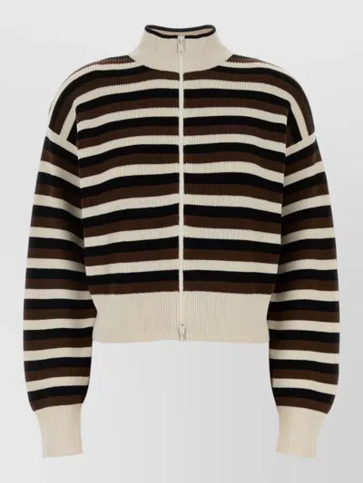 Brunello Cucinelli Cotton Cardigan High Collar Ribbed Cuffs Stripes In Black