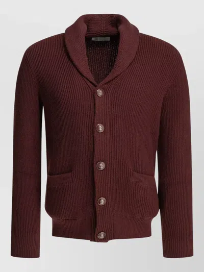 Brunello Cucinelli Cotton Cardigan Shawl Collar Ribbed Pockets In Burgundy