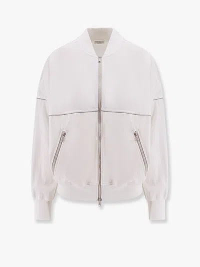 Brunello Cucinelli Cotton Cardigan With Viscose Inserts And Monili Details In White