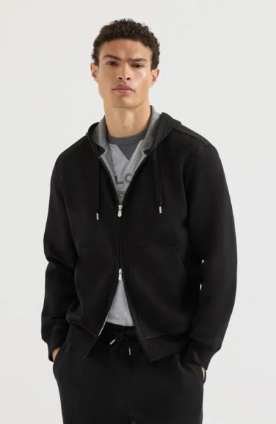 Brunello Cucinelli Cotton, Cashmere And Silk French Terry Double Cloth Hooded Sweatshirt With Zipper In Black