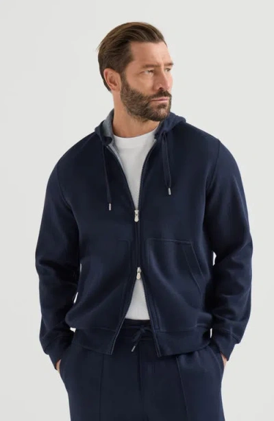 Brunello Cucinelli Cotton, Cashmere And Silk French Terry Double Cloth Hooded Sweatshirt With Zipper In Blue