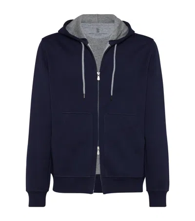 Brunello Cucinelli Cotton-cashmere-silk-blend Hoodie In Blue