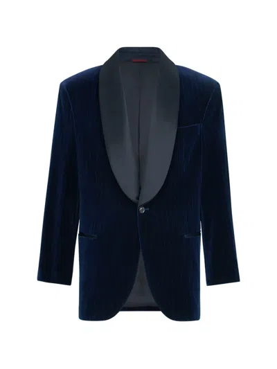 Brunello Cucinelli Cotton Chalk-stripe Velvet Tuxedo Jacket With Shawl Lapels In Blue