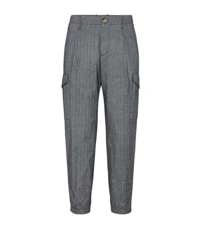 Brunello Cucinelli Cotton Chevron Cargo Trousers In Dark Grey